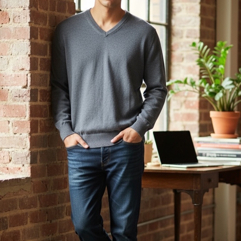 Giorgiolini Charcoal Grey 100% Wool Sweater V-neck Knit Classic Preppy Italy L